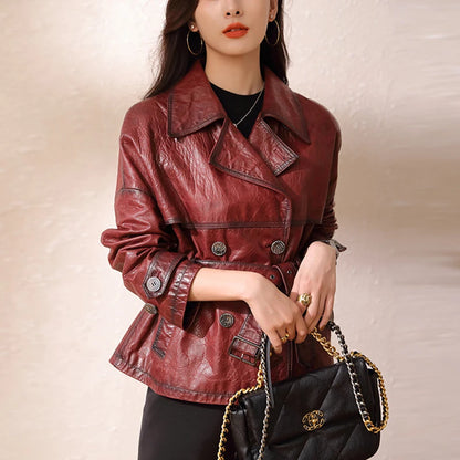 Roupas Femininas Autumn Women Suit Collar Lace-up Waist Oil Wax Sheepskin Gabardina Mujer Vintage Red Short Leather Trench Coat