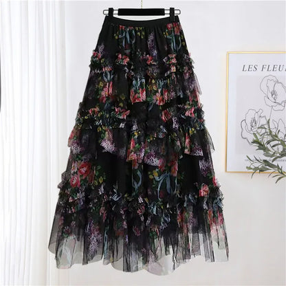 Faldas Y2k Elastic Waist Floral Print Mesh Skirt Women Summer Beach Vacation Style Versatile Stitching A-line Elegant Long Skirt