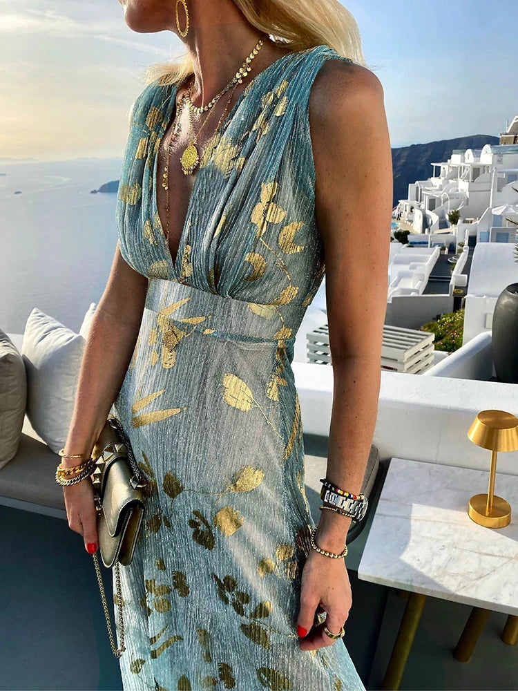 Women Deep V-Neck Maxi Party Dress Summer Patchwork Sleeveless Solid Casual Holiday Ladies Dress Elegant Streetwear Dropshipping