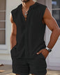 Men's Summer Casual Beach Stand-Up Collar Set Jacquard Solid-Color Sleeveless Shirt And Shorts Fashionable Comfortable Two-Piece