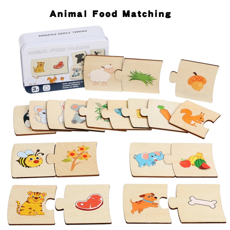 Children's Iron Box Number Enlightenment Paired Wooden Animal Food Puzzle Board Logical Thinking Training Game Educational Toys