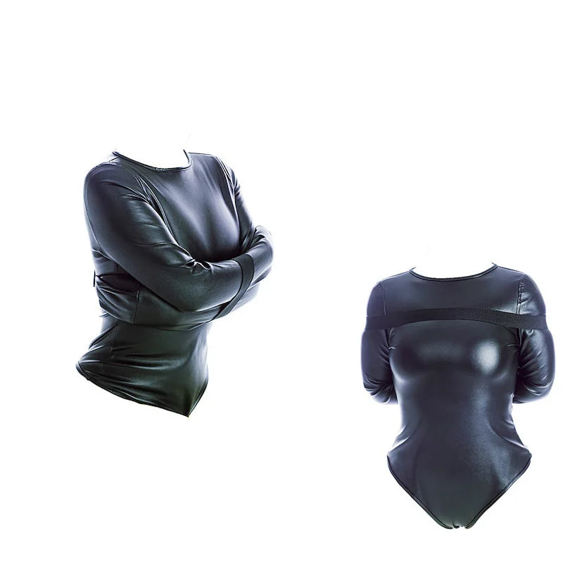 Leather Long Sleeve Bodysuit Straight Jacket with Crotch Strap,SM Game Bondage Armbinder Harness,Slave Role Costume BDSM Sex toy