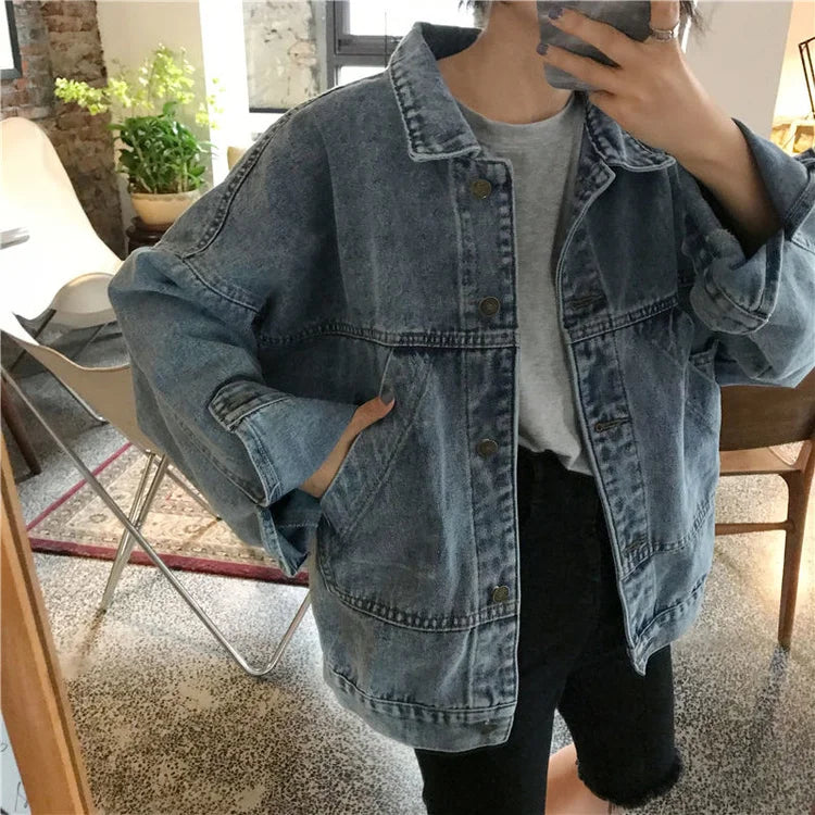 Denim Jacket Women's Spring Autumn New High Street Jeans Coat Oversize Loose Basic Jackets Simple Versatile Lapel Outerwear