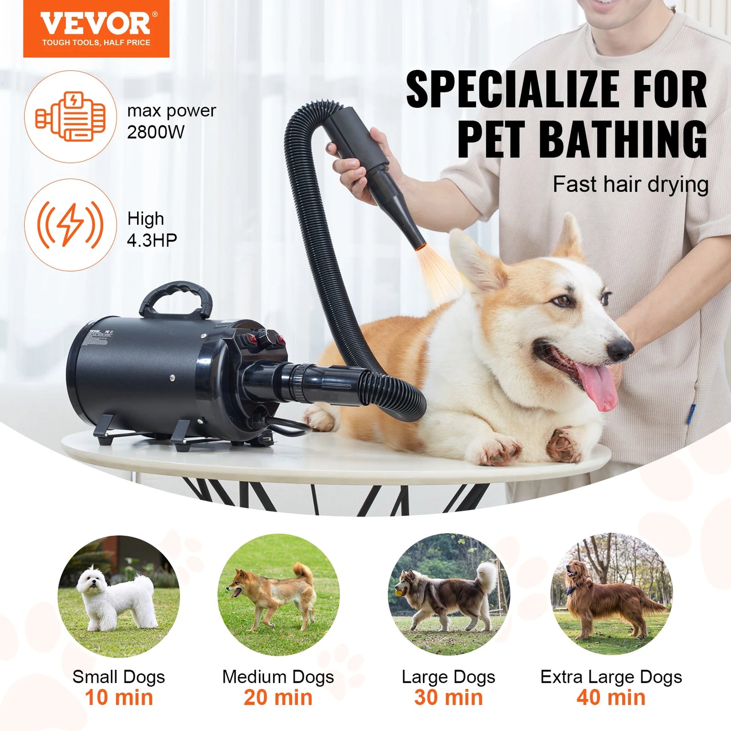 VEVOR 2000W/2.7HP Dog Blow Dryer Adjustable Speed Temperature Control with 4 Nozzles and Extendable Hose for Pet Hair Grooming