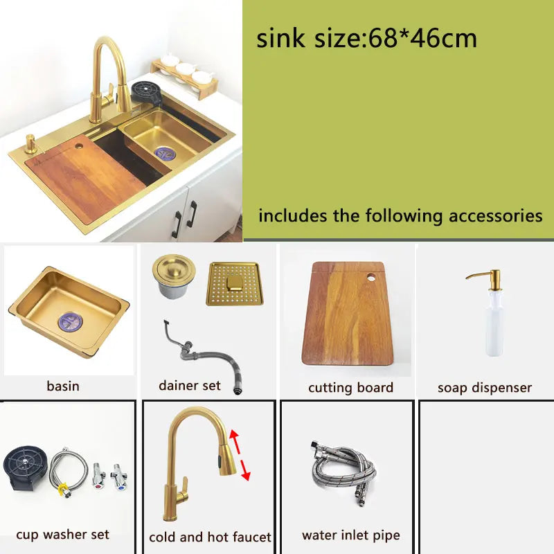 Gold Waterfall Faucet Kitchen Sink Nano Sink 304 Stainless Steel Golden Topmount Single Bowl Wash Basin 4 Function Kitchen Faucet