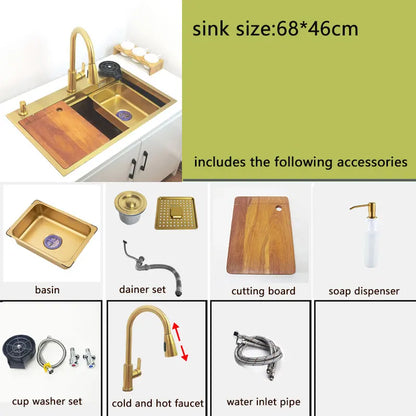 Gold Waterfall Faucet Kitchen Sink Nano Sink 304 Stainless Steel Golden Topmount Single Bowl Wash Basin 4 Function Kitchen Faucet