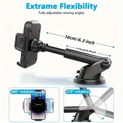 Car Phone Mount Suction Cup Dashboard Windshield Holder Adjustable Extendable Arm One Button Release for GPS Navigation