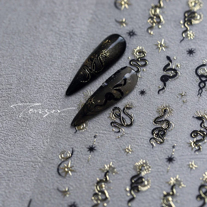 5D Gold Stamped Silver Sun Stars Snake Nail Art Stickers Totems Reliefs Self Adhesive Dark Chinese Style Manicure Decals