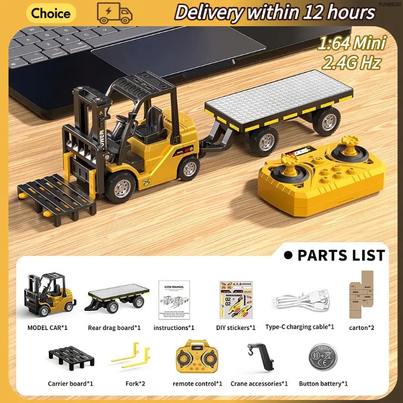 1:64 Remote Control and Alloy Truck Forklift with Trailer Worktop Mini Bluetooth RC Elevator Vehicle Children's Toy Holiday Gift