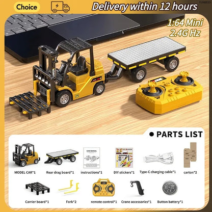 1:64 Remote Control and Alloy Truck Forklift with Trailer Worktop Mini Bluetooth RC Elevator Vehicle Children's Toy Holiday Gift