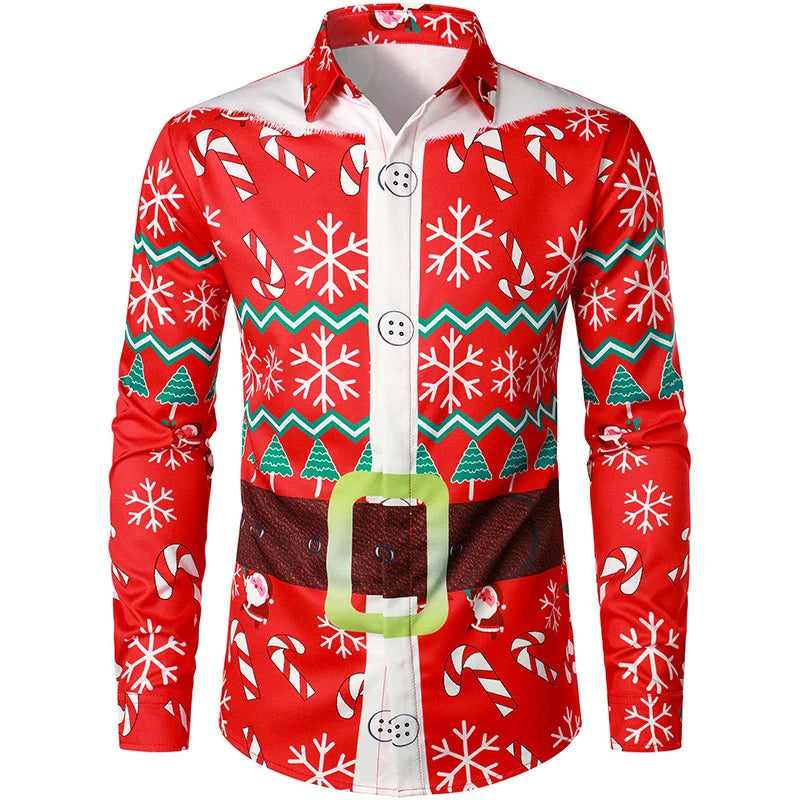 2026 Merry Christmas Lapel Blouse Funny Santa Claus Cosplay Graphic Long Sleeve Shirts For Men Clothes Bachelor Party Fake Suit