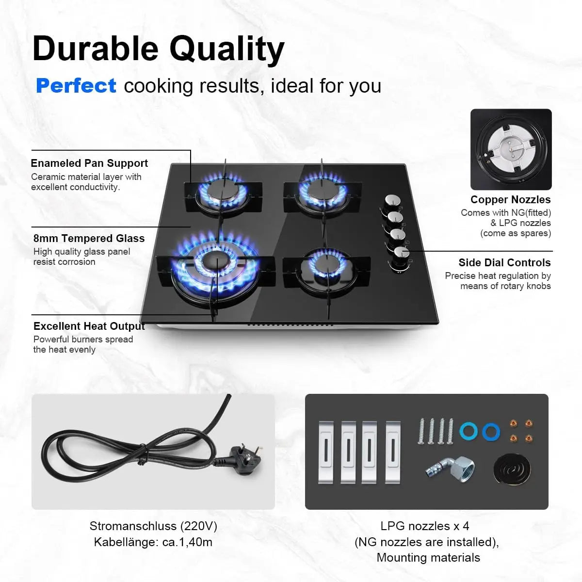 Tieasy 4 Burner 60cm Kitchen Built in Cooktop Tempered Glass NG/LPG Gas Hob YYUKGCT-B04