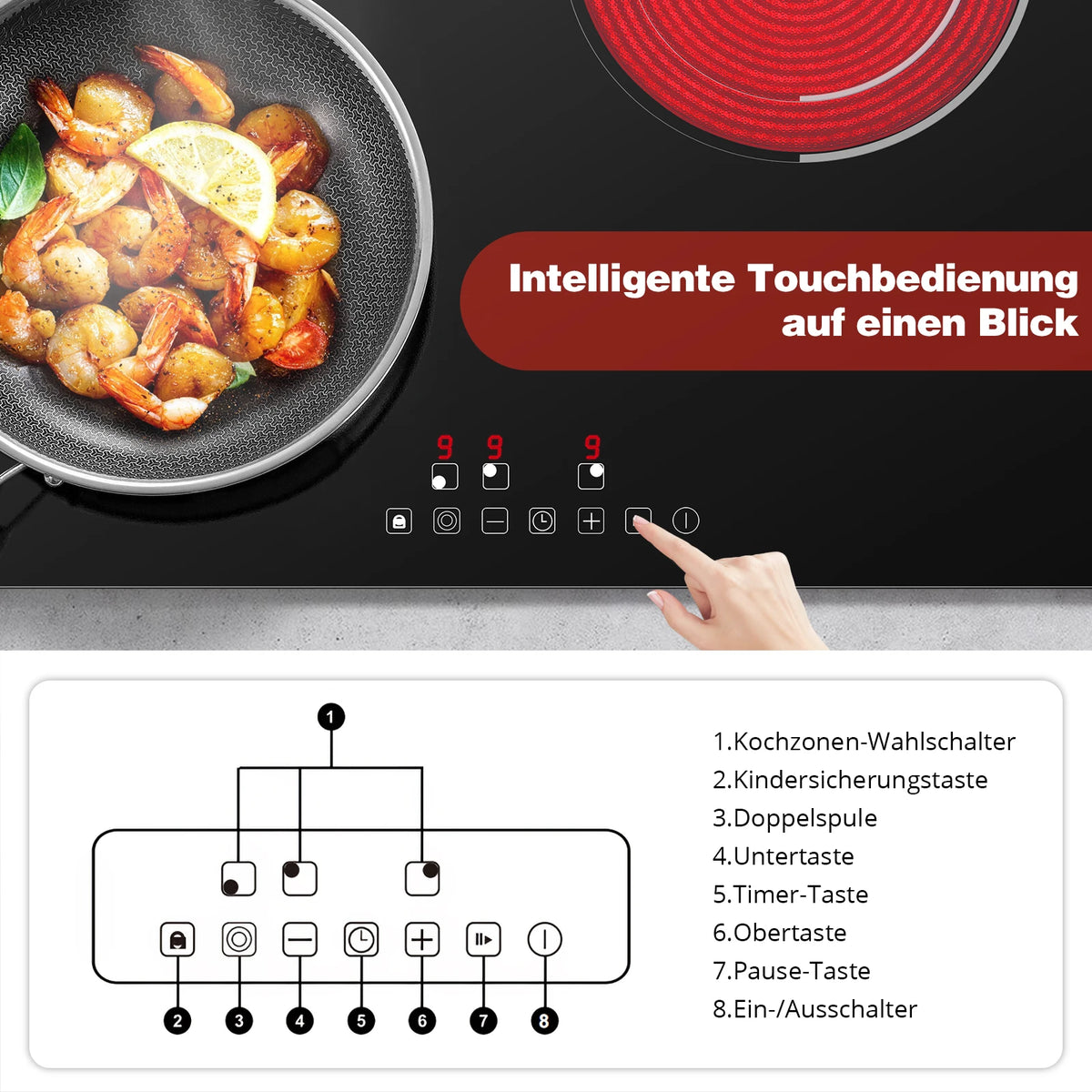 6000W Built-in Ceramic Hob, 4 Zone Induction Cooktop with Touch Control, 9 Power Levels, Timer & Child Lock, 60cm Black Glass