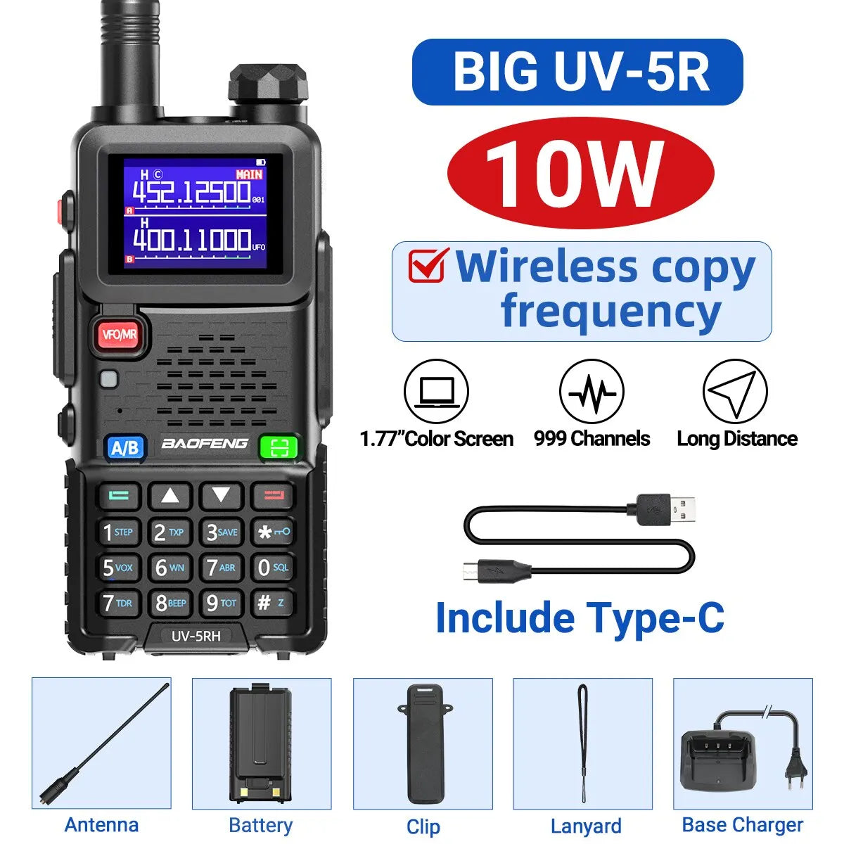 Baofeng UV 5RH 10W Full Bands Walkie Talkie Wirless Copy Frequency Type-C Charger Upgraded UV 5R Transceiver Ham Two Way Radio