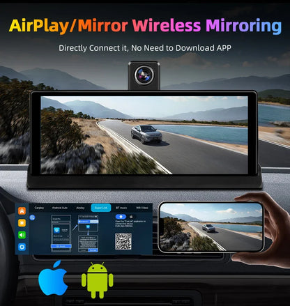 Srnubi 10.26 inch 4K ADAS Car DVR with 360° Rotation Dash Cam Wireless Carplay Android Auto Mirror Link BT WIFI AUX FM Dashboard