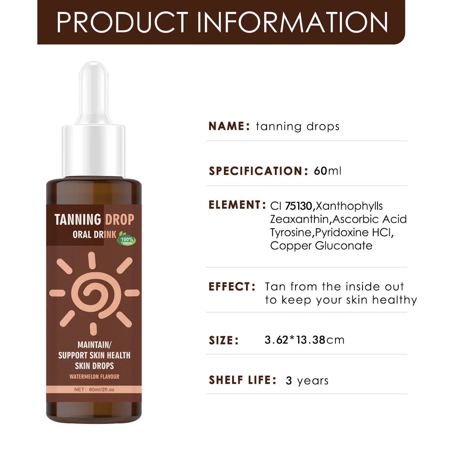 Vegan Sugar-Free Tanning Drink 60ml Natural Oral Drops Watermelon Flavor Sun-Kissed Glow Boost from Within Skin Care