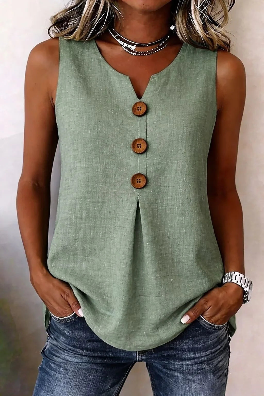 Summer 2026 Women's Blouses Fashion Button Cotton Linen Sleeveless Shirts Casual Solid Colors V-Neck Loose Plus Size Tank Tops