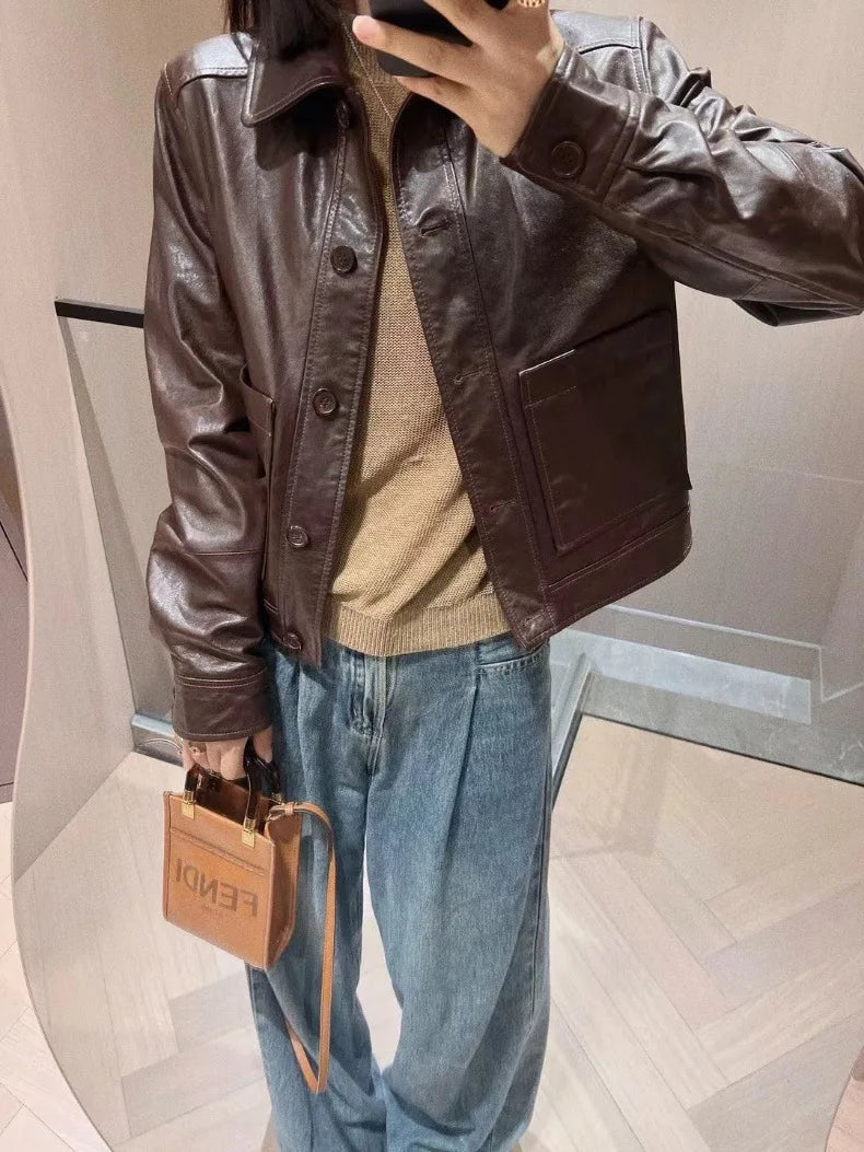 British Style Lapel Genuine Leather Jackets for Women Fashion Single-breasted Pockets Female Brown Casual Short Sheepskin Jacket