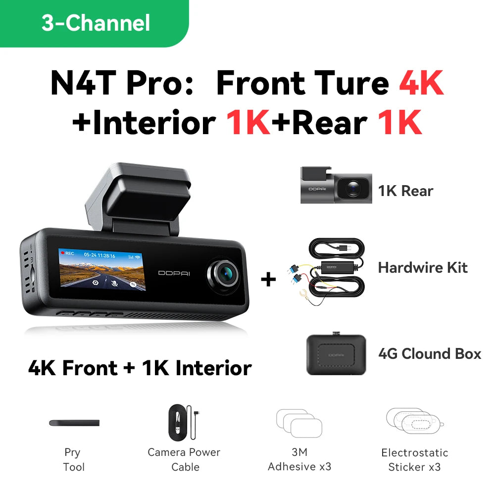 【New】DDPAI N4T Pro Dash Cam 3-Channel HDR 4K+1080P+1080P Front Rear Interior Night Vision ADAS DVR Support 4G Parking Monitoring