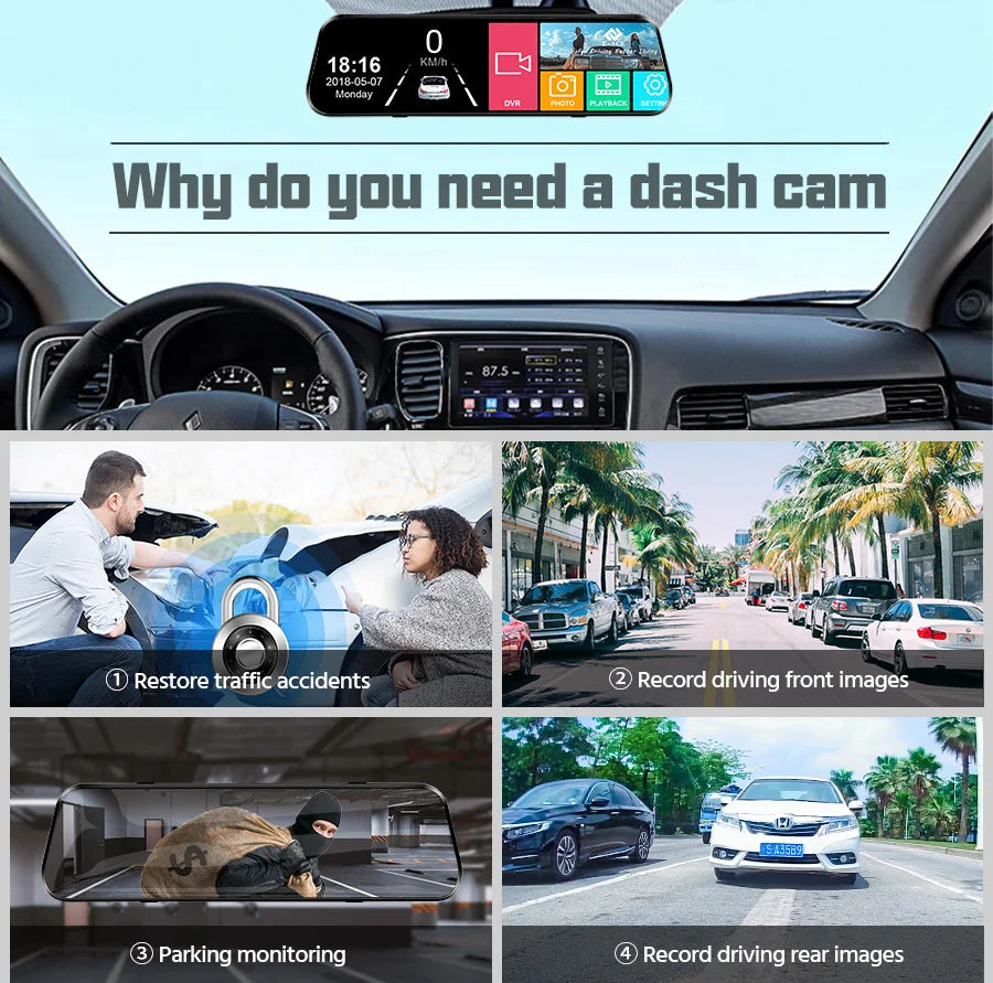 10 Inch Car DVR Car Touch Screen Video Recorder Dual 1080P Rearview Mirror Front and Rear HD Night Vision Camera Mirror
