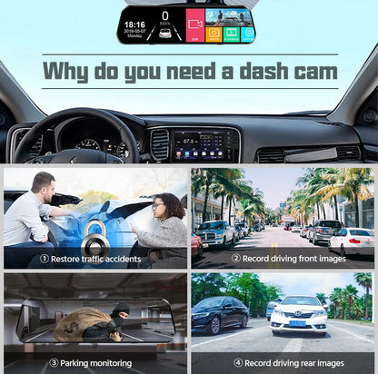 10 Inch Car DVR Car Touch Screen Video Recorder Dual 1080P Rearview Mirror Front and Rear HD Night Vision Camera Mirror