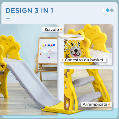 Slide for children 18-36 months with side PE basketball hoop, 131x50x74 cm, yellow and gray, toy slide, children's slide, outdoor slide