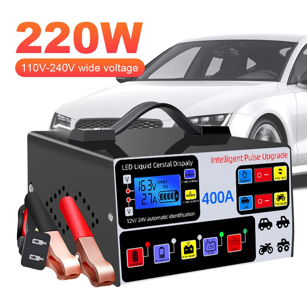 400A Intelligent Pulse Repair Charger Battery High Power Fast Charger 12V/24V Five-Stage Full Automatic Car Battery Charger 220W