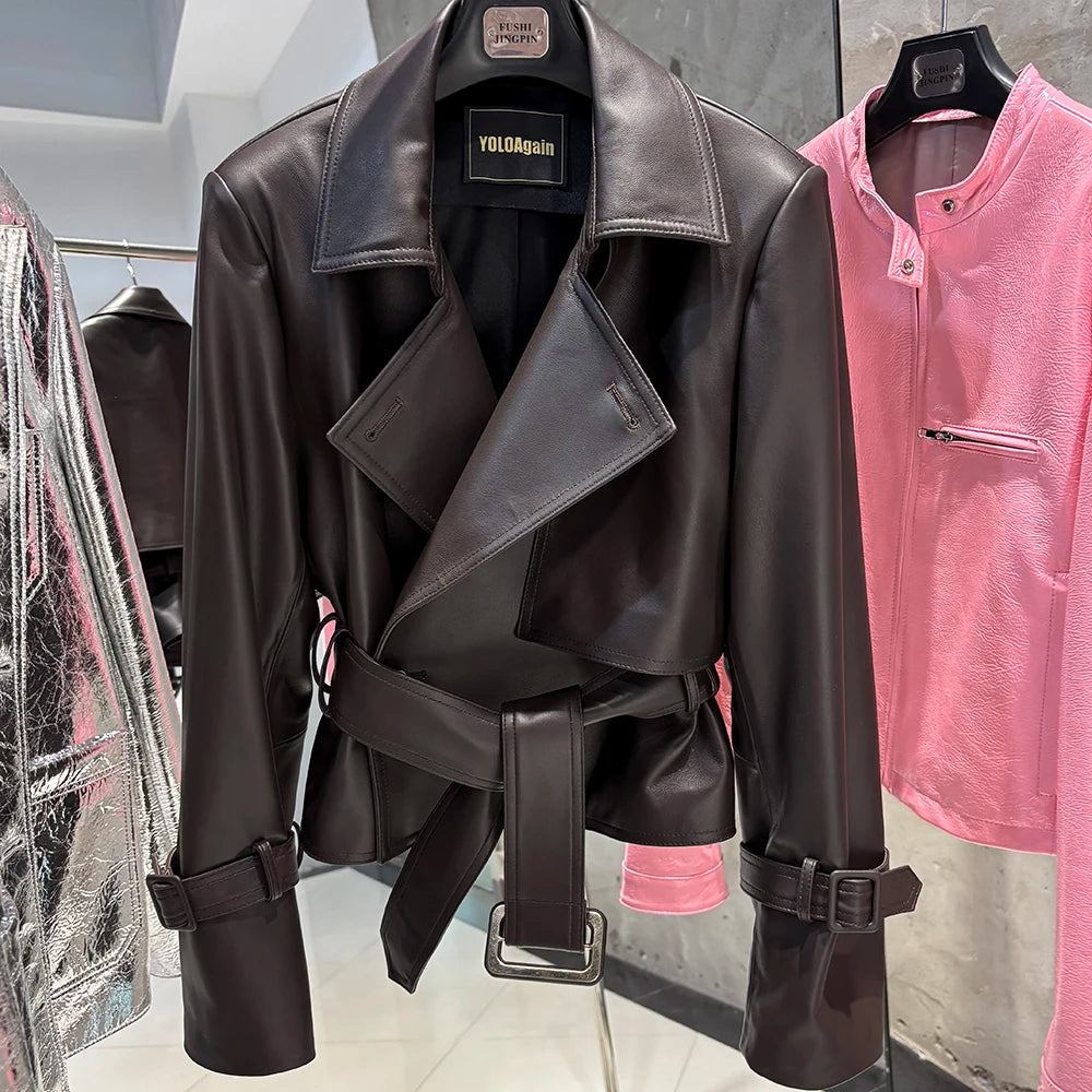 YOLOAgain 2025 Autumn Elegant Real Leather Jacket Coat Women Oversized Leather Jacket With Belt