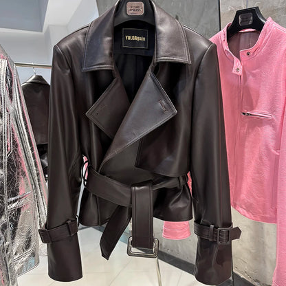 YOLOAgain 2025 Autumn Elegant Real Leather Jacket Coat Women Oversized Leather Jacket With Belt