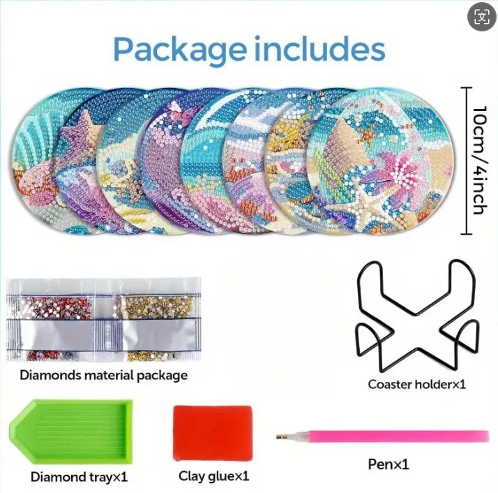 8pcs/Set DIY Diamond Painting Coasters with Holder Anti Slip Wood Drip Mats Crystal Rhinestones Diamond Art Coasters for Adults
