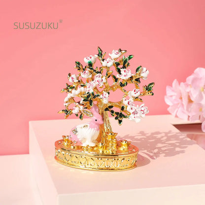 Cherry Blossom Tree Crystal Hinged Jewelry Box Little White Rabbit Necklace Earrings Nail Ring Box