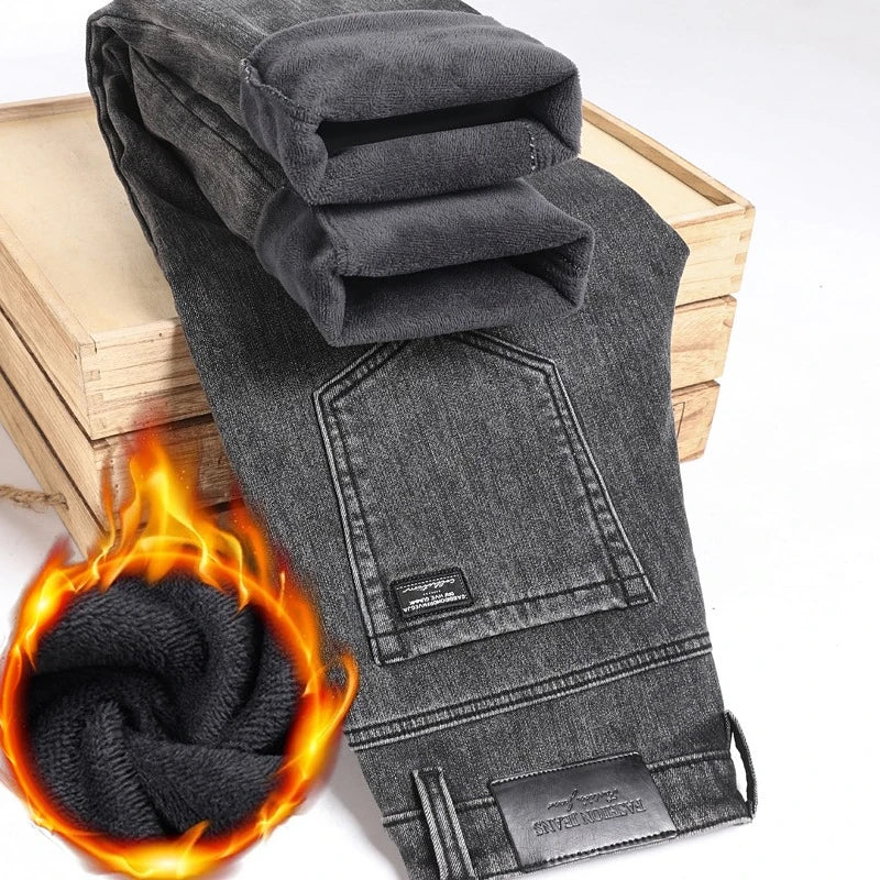 Men's Winter Stretch Fleece Jeans Thickened Warm Loose Straight Velvet Denim Trousers Classic Business Casual Black Work Pants