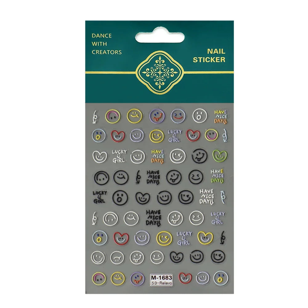 5D Exquisite Smiling Face Nail Stickers Embossed Japanese Macaron Nail Art Self-Adhesive Decorations Accessories DIY