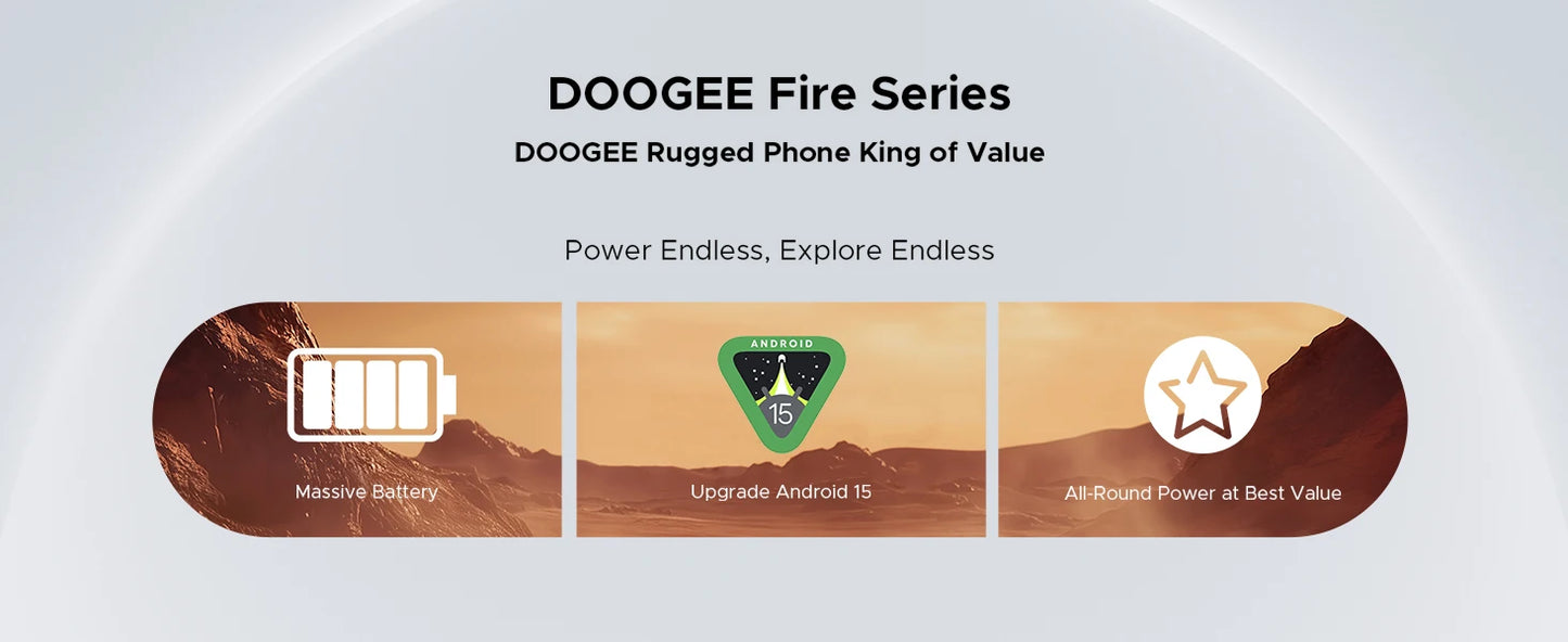 DOOGEE Fire 5 Rugged Phone 13000mAh Large Battery 6.6'' HD+ Display 12GB RAM (3GB+9GB) 64GB ROM Android 15 NFC Smartphone