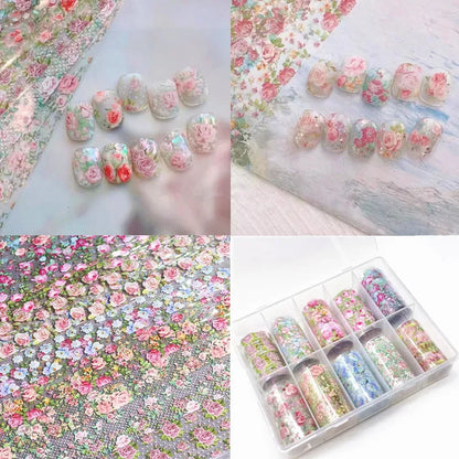 10 Patterns New Metal Nail Foils for Transfer Paper Stickers Floral Chameleon Nails Wraps DIY Water Marble Nail Art Decorations
