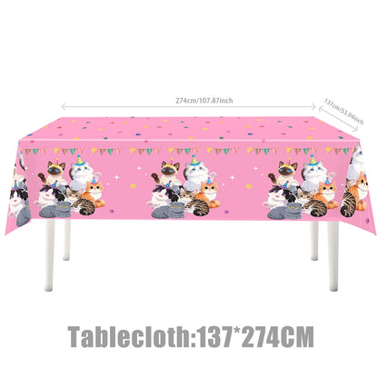Cat Party Paper Plates Cups Napkins Party Supplies Cat Face Happy Birthday Banner Tablecloth for Cat Themed Birthday Party Decor