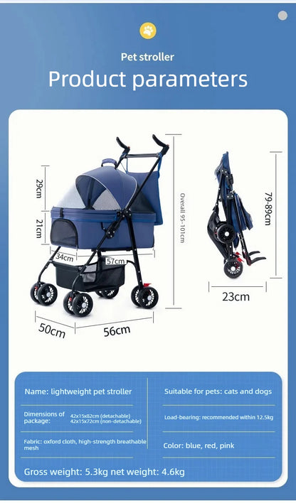 4 Wheel Foldable Pet Stroller Detachable Carrier for Small Dogs Cats, Lightweight Travel Pet Cart with Breathable Mesh