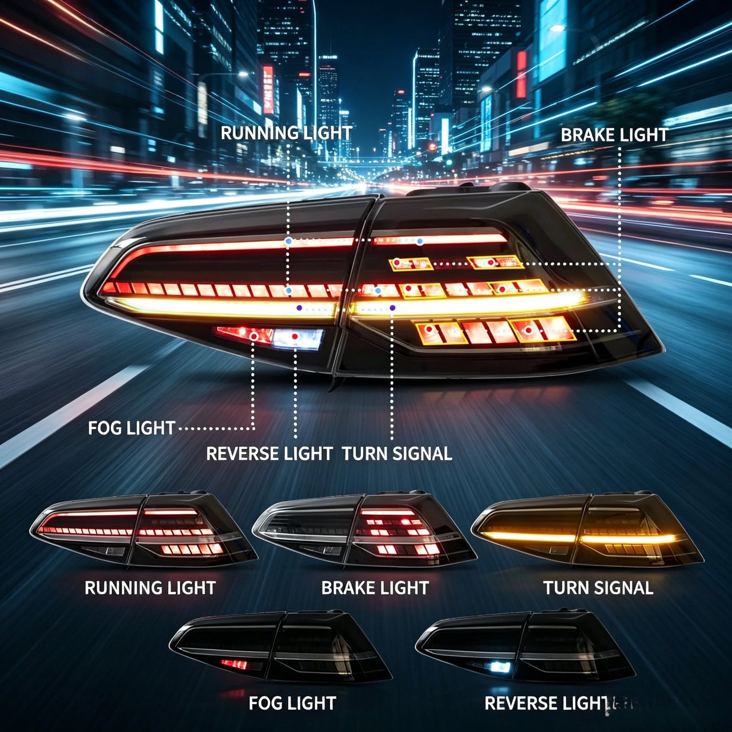 Upgraded Full LED Rear Tail Lamp Pair For VW Golf MK7 MK7.5 Hatchback 2013 to 2021, Sequential Flowing Turn Signal Design, Anti-fade Transparent Lens, Stable 12V Low Power Consumption, Fully Sealed Waterproof Structure, No Ex