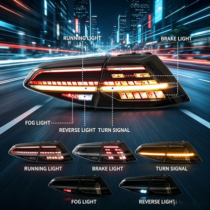 Upgraded Full LED Rear Tail Lamp Pair For VW Golf MK7 MK7.5 Hatchback 2013 to 2021, Sequential Flowing Turn Signal Design, Anti-fade Transparent Lens, Stable 12V Low Power Consumption, Fully Sealed Waterproof Structure, No Ex