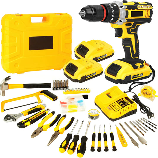 120 piece power tool kit with 21V cordless drill 3/8-inch keyless chuck 25+3 impact clutch maximum torque 45Nm tool kit