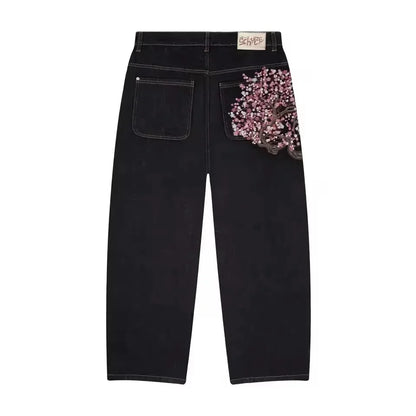 Vintage Low Waist Hip Hop Cherry Blossom Embroidered Jeans  Wide Leg Trousers Y2K Clothes Mens Womes Embroidered Baggy Jeans