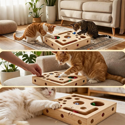Cat Scratching Puzzle Toys, Wooden Set with 3 Bell Balls, for Indoor Cats To Scratch, Stimulate Intelligence, and Relieve Boredom.