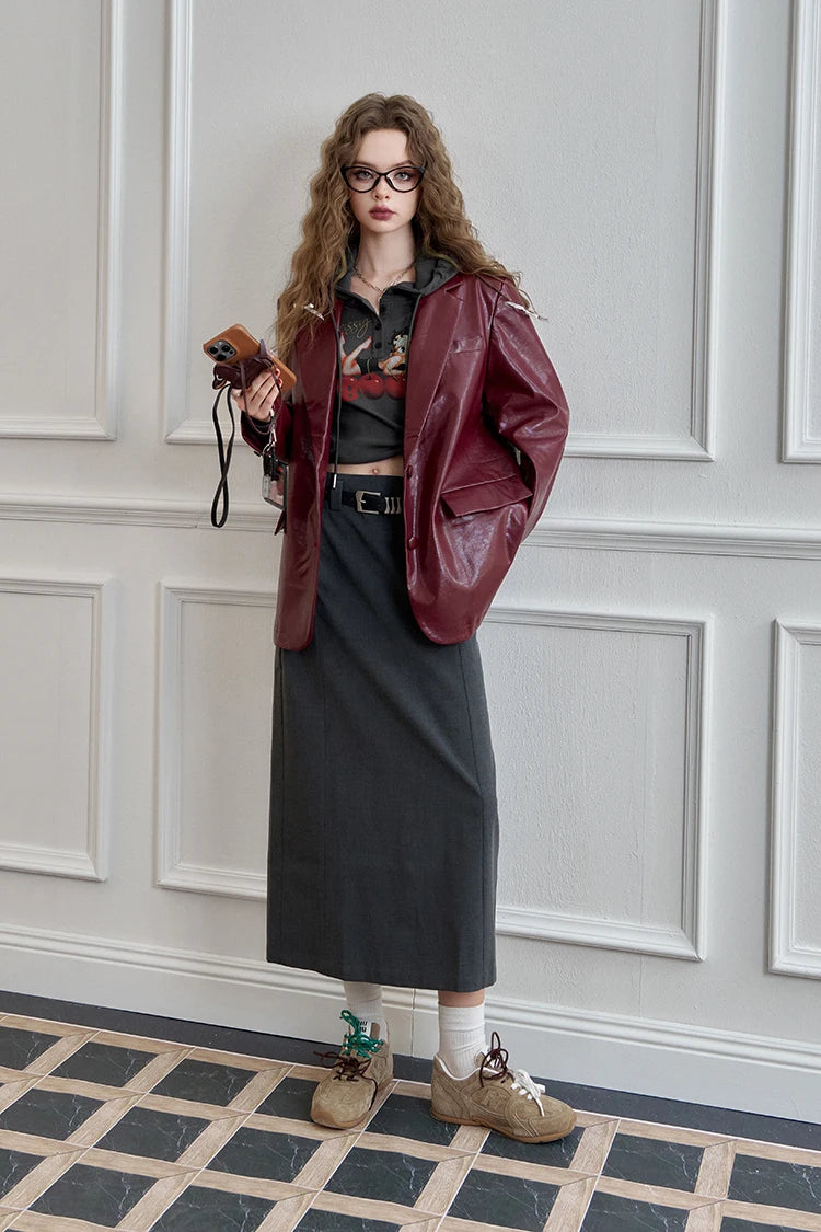 ELFSACK Women's Faux Leather Blazer Oversized Wine Red Long Sleeve Casual Office Wear Jacket Fashion Streetwear Coat