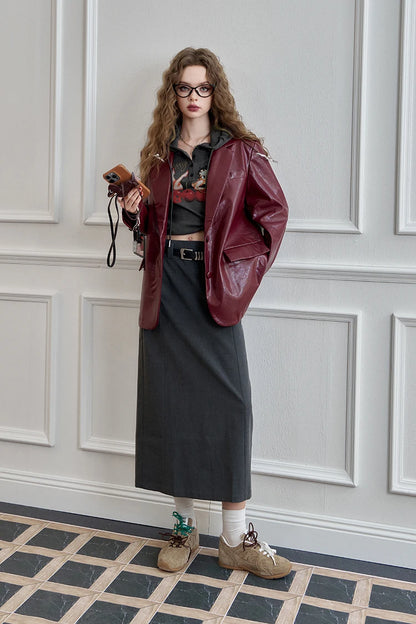 ELFSACK Women's Faux Leather Blazer Oversized Wine Red Long Sleeve Casual Office Wear Jacket Fashion Streetwear Coat