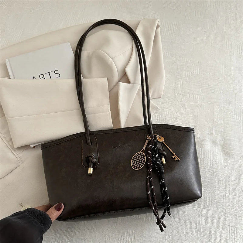 European American Retro Tote Bag, Korean Fashion Shoulder Bags Advanced Simple Handbag New Large Capacity Pendant Versatile Bags