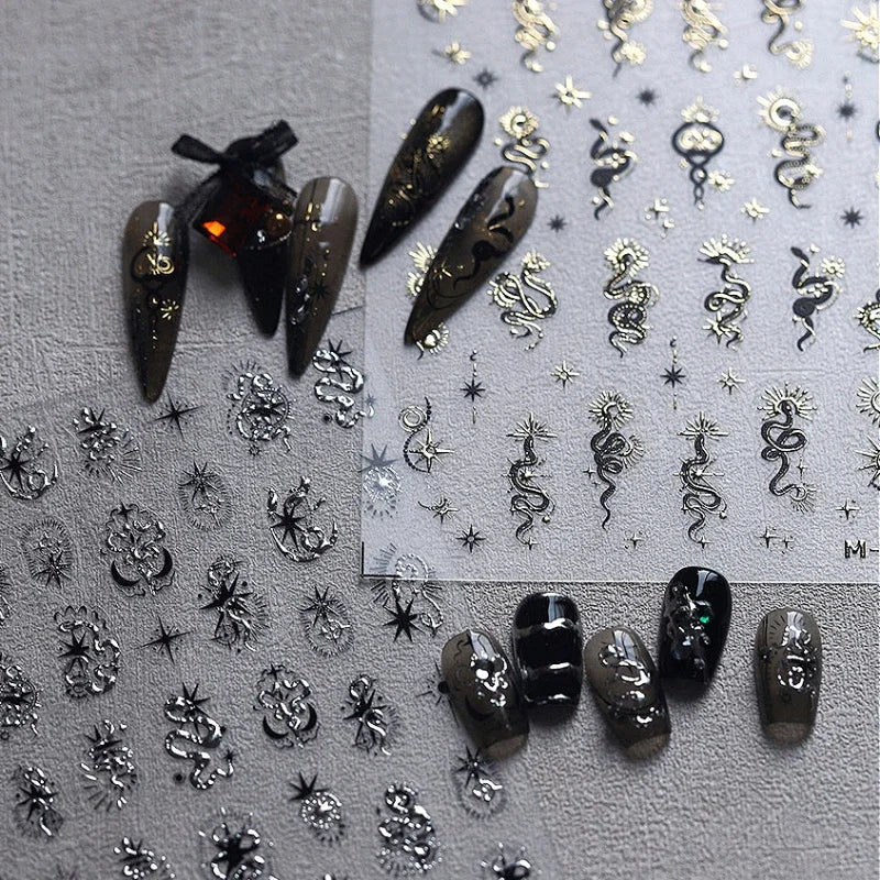 5D Gold Stamped Silver Sun Stars Snake Nail Art Stickers Totems Reliefs Self Adhesive Dark Chinese Style Manicure Decals
