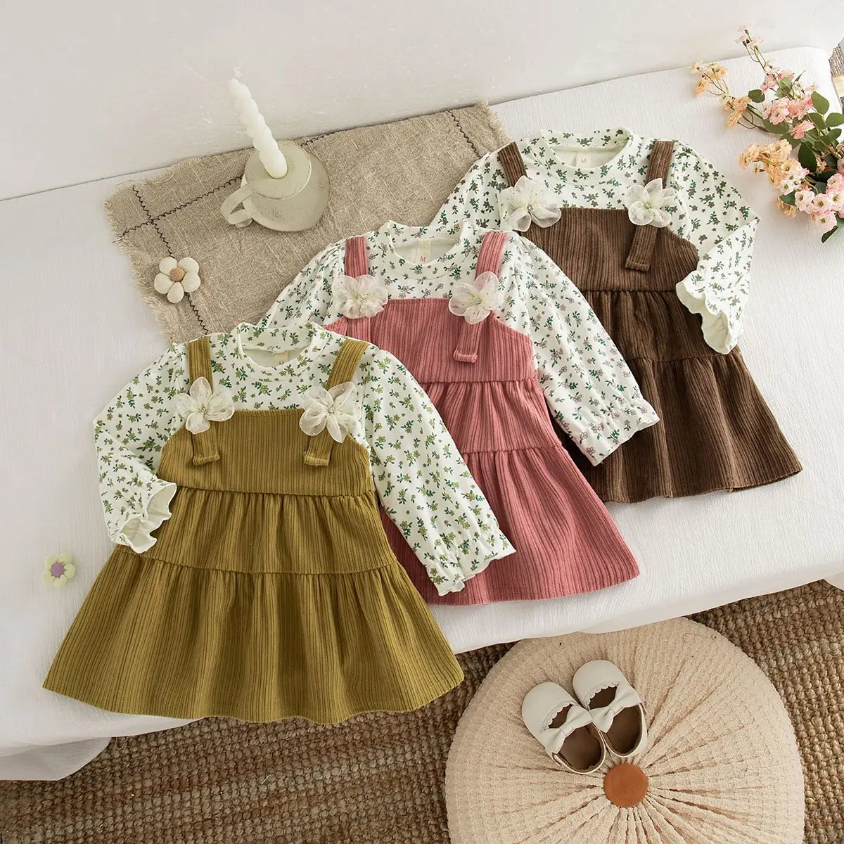 Retro Floral Print Toddler Baby Dress Long Sleeve Casual Outfit Baby Girls Daily Play Clothes Comfortable Baby Wear