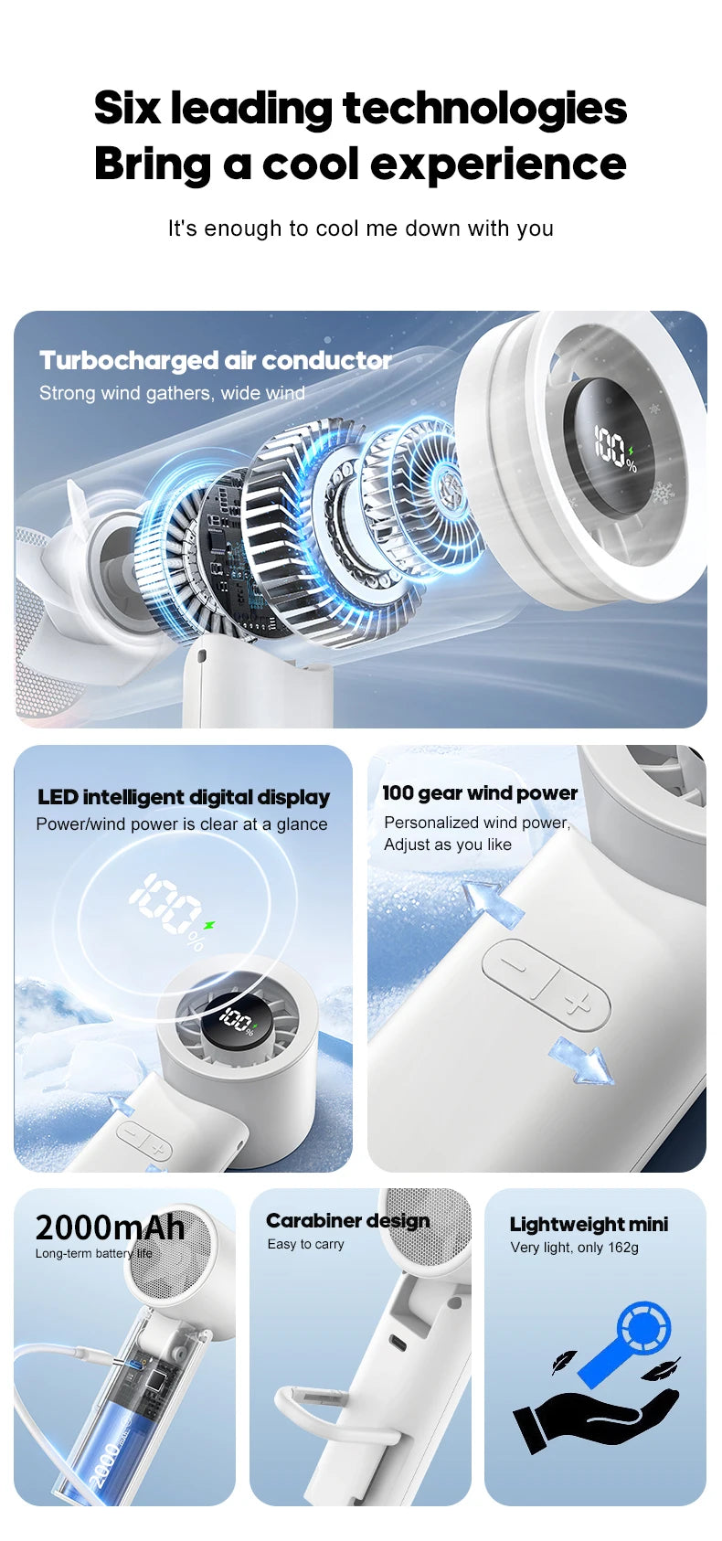 KINSCOTER Portable High Speed Handheld Fan 2000mAh Foldable Cooling Fan 100 Speed Rechargeable Turbo Fan W/ LED Digital Display