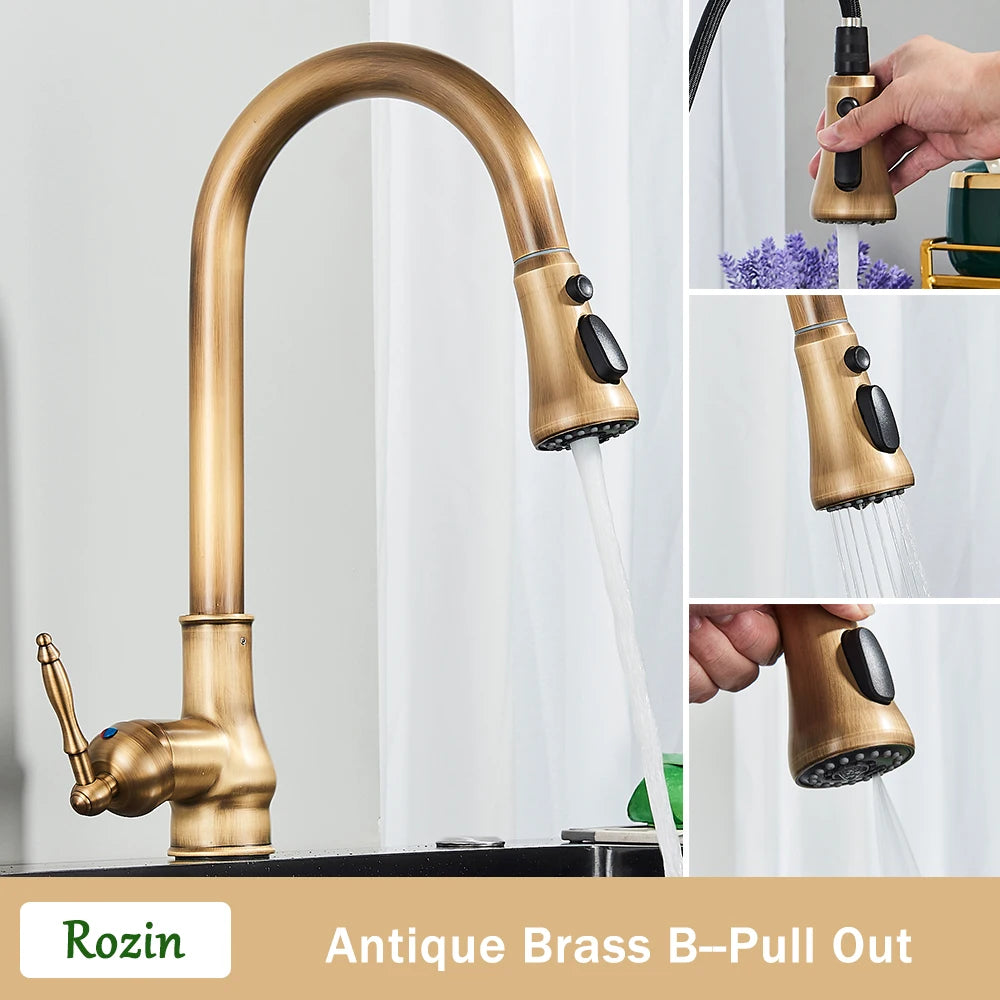 Rozin Antique Brass Kitchen Faucet Pull Out Spout Kitchen Faucets Black Single Hole Swivel Hot Cold Water Kitchen Mixer Tap