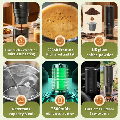 20 Bar Self-Heating Wireless Portable Espresso Maker, One-Click Automatic Extraction Mini Coffee Machine, Multi Capsule Compatible Rechargeable Travel Coffee Maker, Compact Portable Coffee Brewer for Car, Road Trip, Camping,